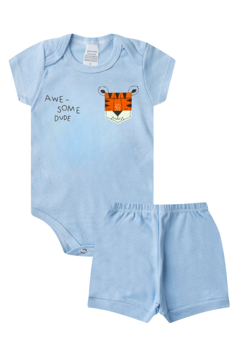 Conjunto Body Bebê Verão Menino 2 Peças Tigre Awesome Dude Azul - TonTon Kids