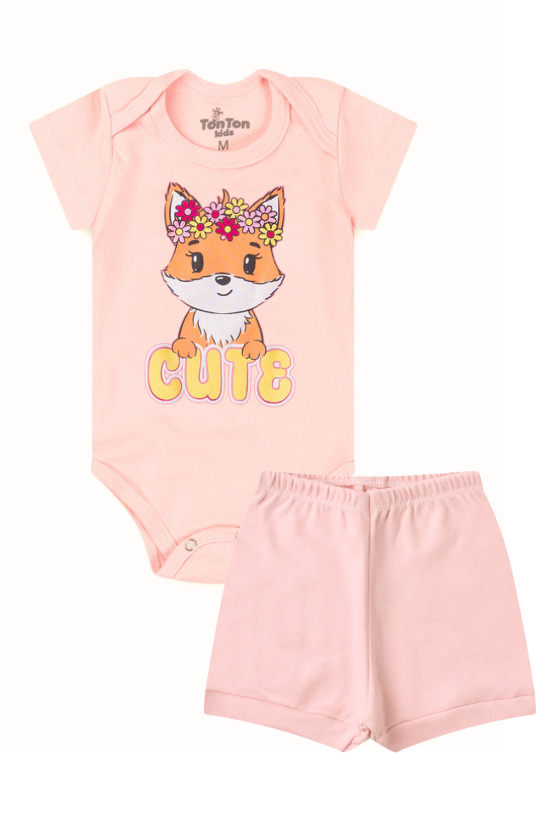 Conjunto Body Bebê Verão Menina 2 Peças Raposa Cute Salmao - TonTon Kids