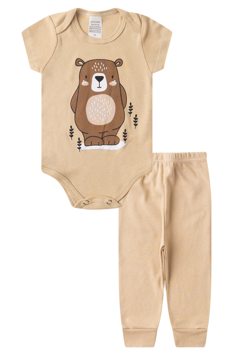 Conjunto Body Bebê Manga Curta Menino 2 Peças Ursinho Bege - TonTon Kids