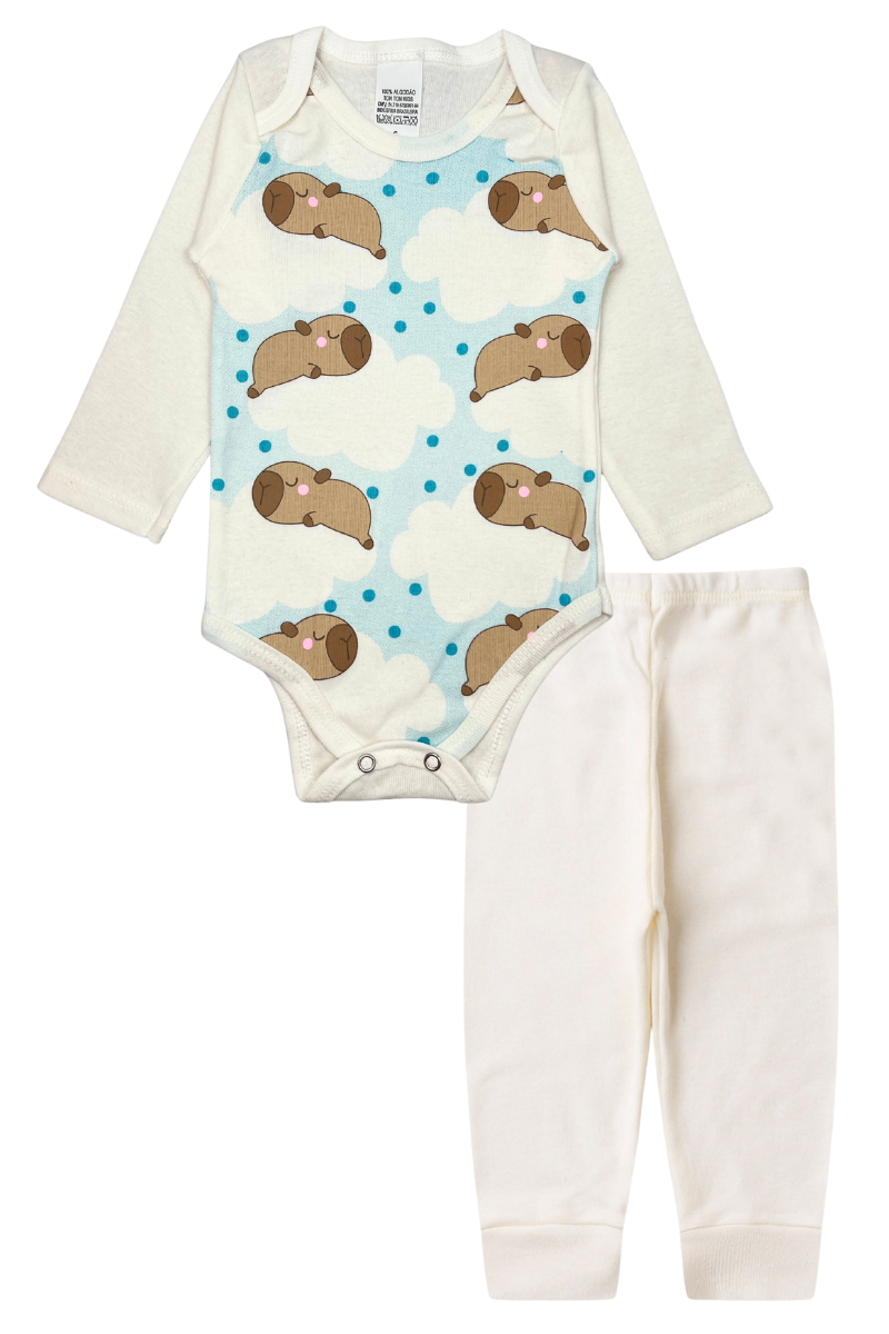 Conjunto Body Bebê Inverno Menina 2 Peças Capivaras Off White - TonTon Kids