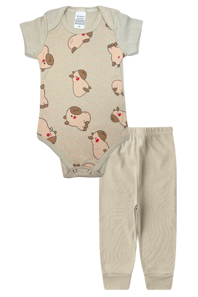 Conjunto Body Bebê Manga Curta Menina 2 Peças Capivaras Bege - TonTon Kids