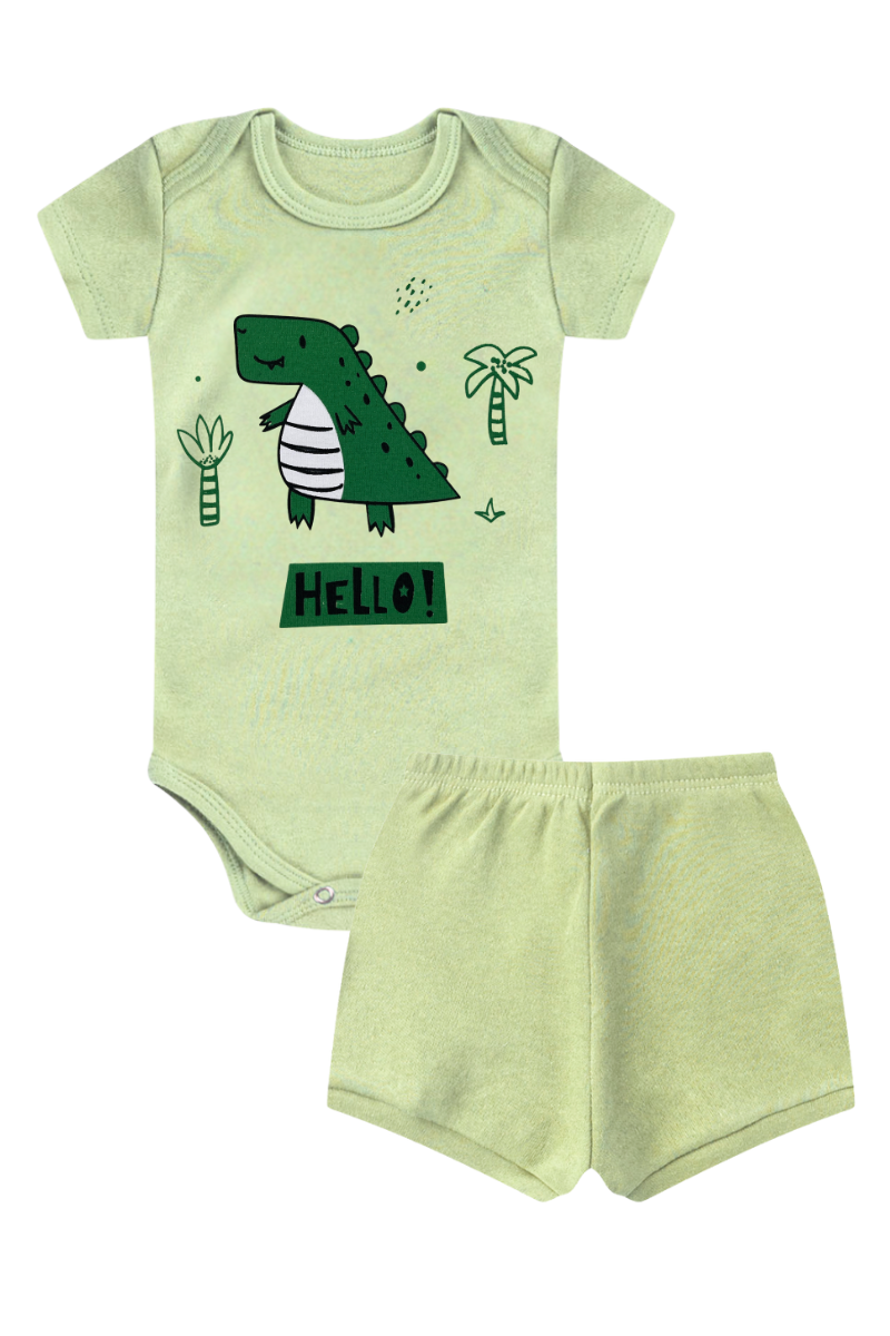 Conjunto Body Bebê Verão Menino 2 Peças Dino Hello Verde Claro - TonTon Kids