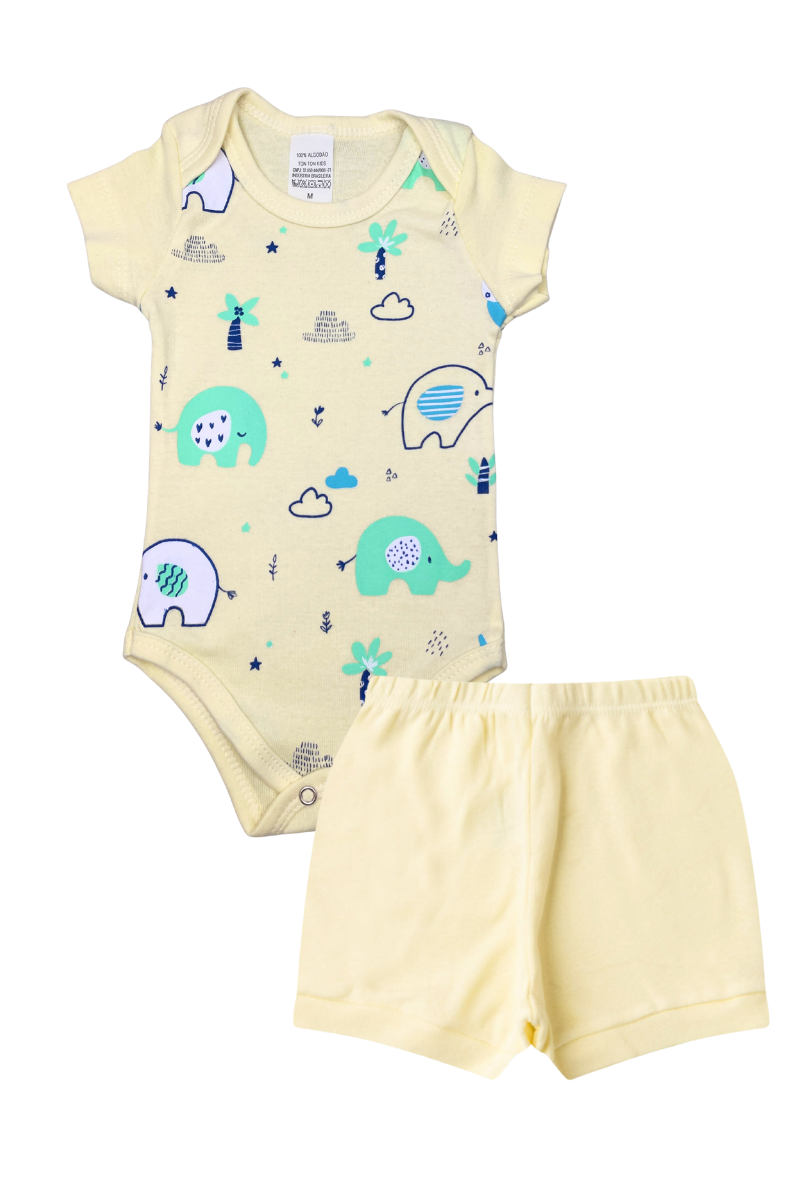 Conjunto Body Bebê Verão Menino 2 Peças Elefantes Amarelo - TonTon Kids