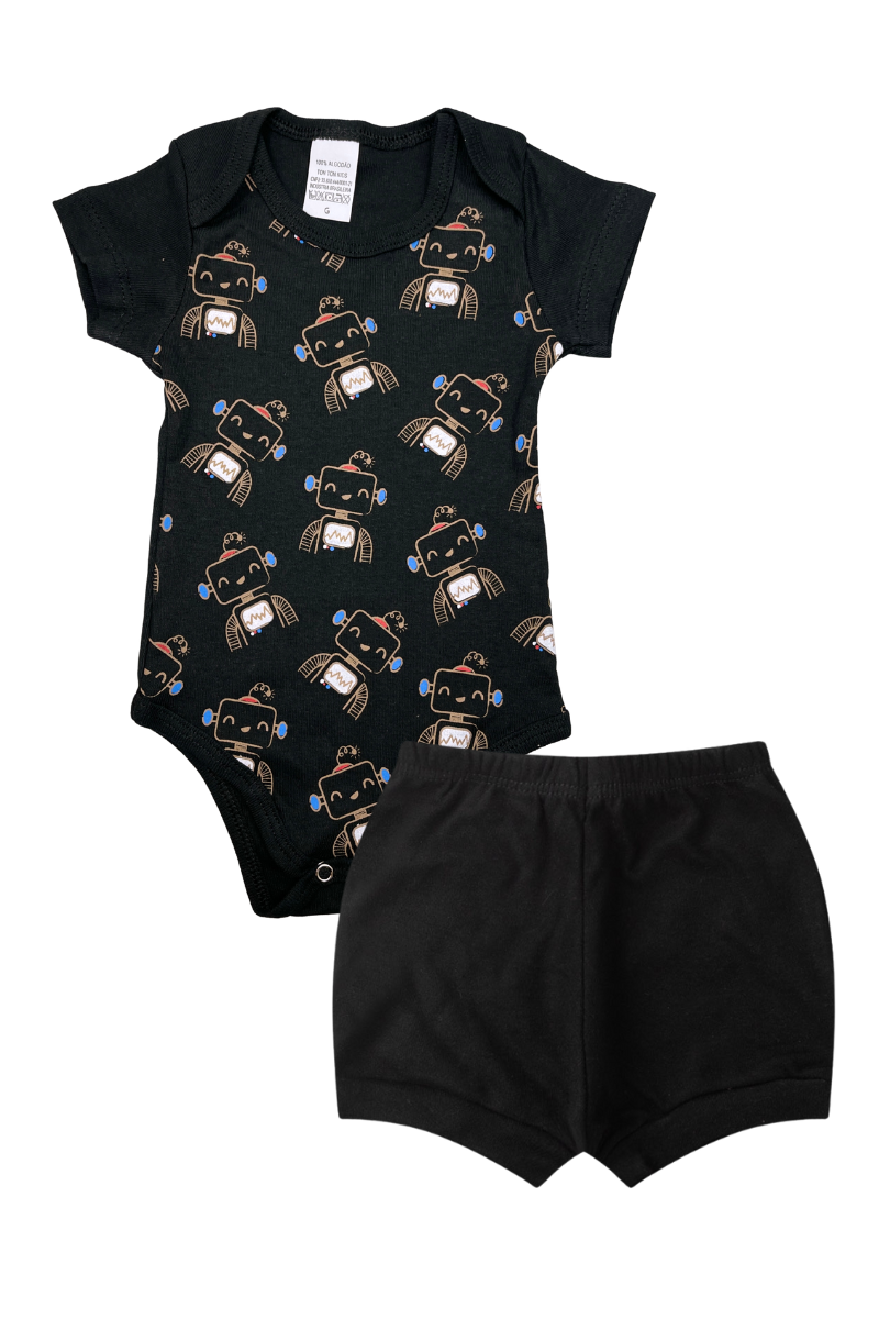 Conjunto Body Bebê Verão Menino 2 Peças Robos Preto - TonTon Kids