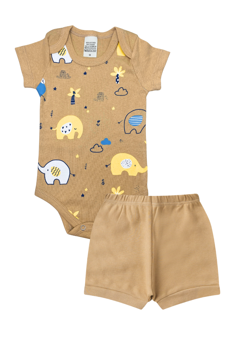 Conjunto Body Bebê Verão Menino 2 Peças Elefantes Caramelo - TonTon Kids