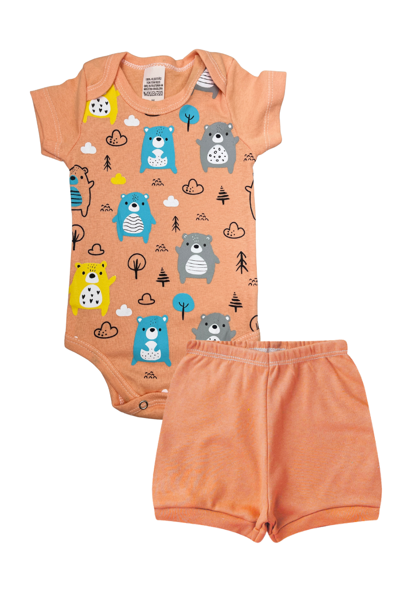 Conjunto Body Bebê Verão Menino 2 Peças Ursos Laranja - TonTon Kids