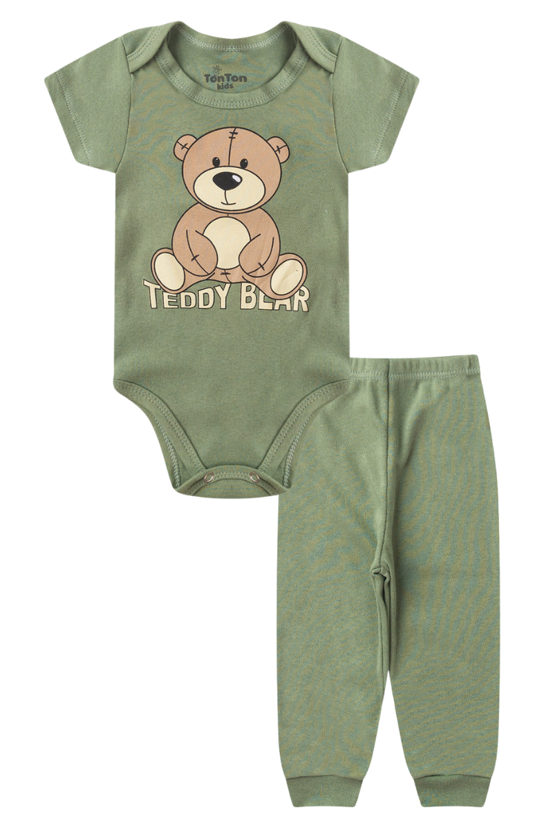 Conjunto Body Bebê Manga Curta Menino 2 Peças Teddy Bear Verde - TonTon Kids Ton 2555 Vrd