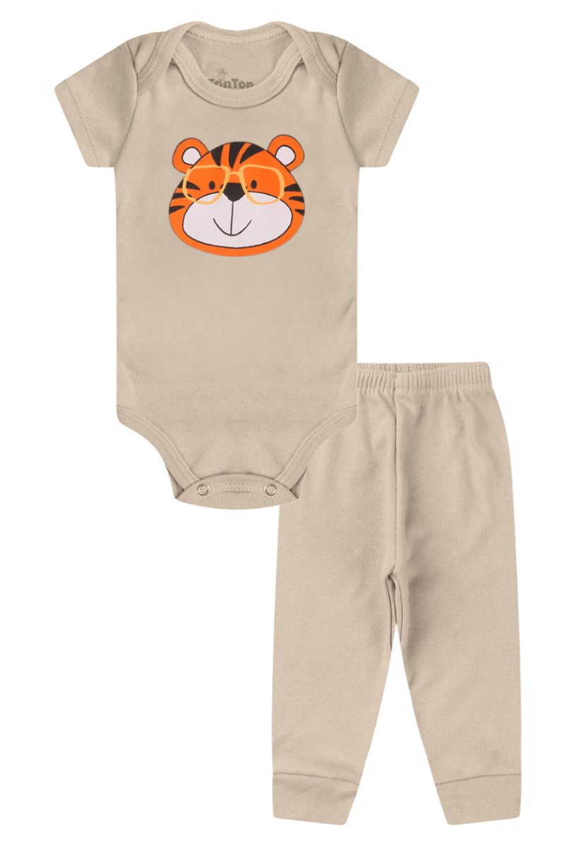 Conjunto Body Bebê Manga Curta Menino 2 Peças Tigre Bege - TonTon Kids
