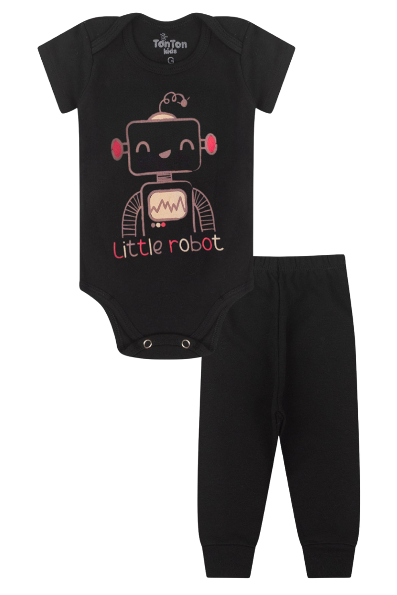 Conjunto Body Bebê Manga Curta Menino 2 Peças Robo Preto - TonTon Kids