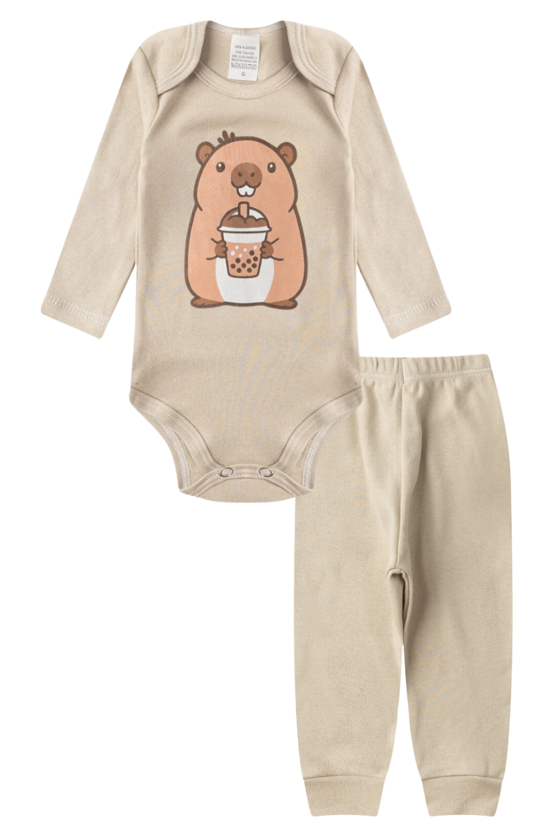 Conjunto Body Bebê Inverno Menino 2 Peças Capivara Bege - TonTon Kids