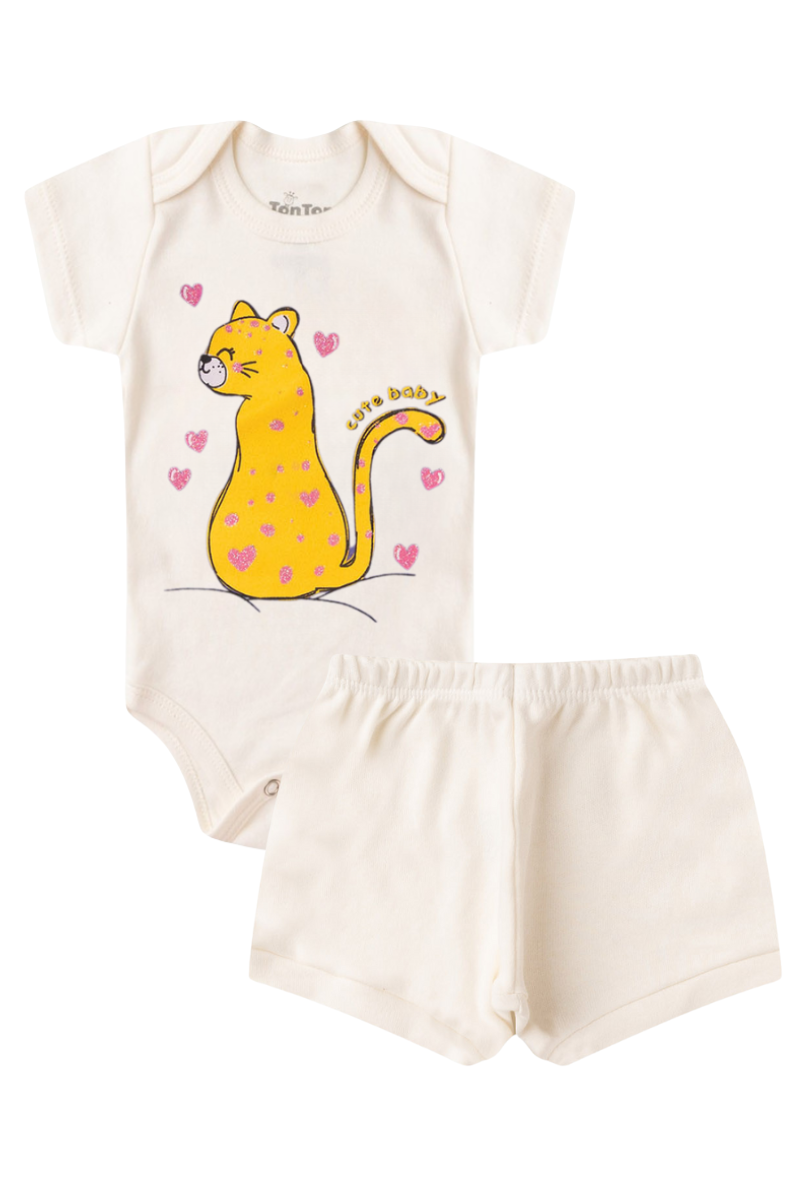 Conjunto Body Bebê Verão Menina 2 Peças Gatinha Off White - TonTon Kids