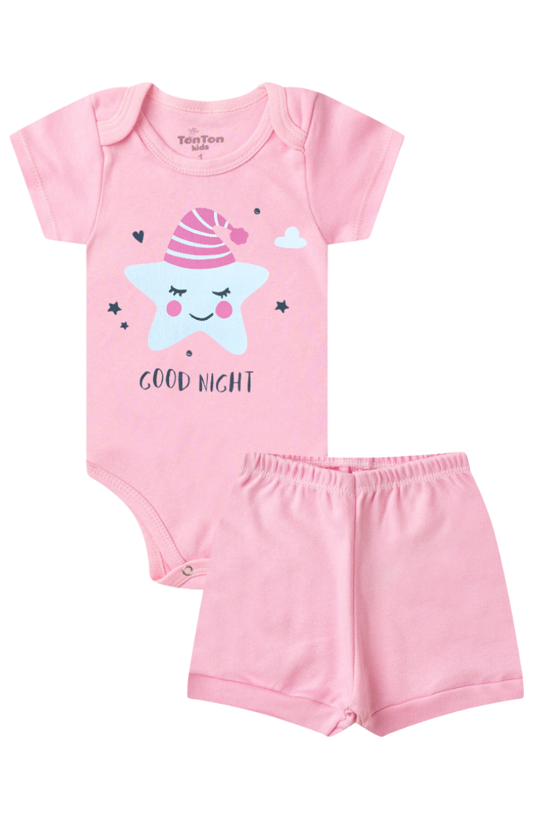 Conjunto Body Bebê Verão Menina 2 Peças Estrela Rosa - TonTon Kids Ton 2564 Ros