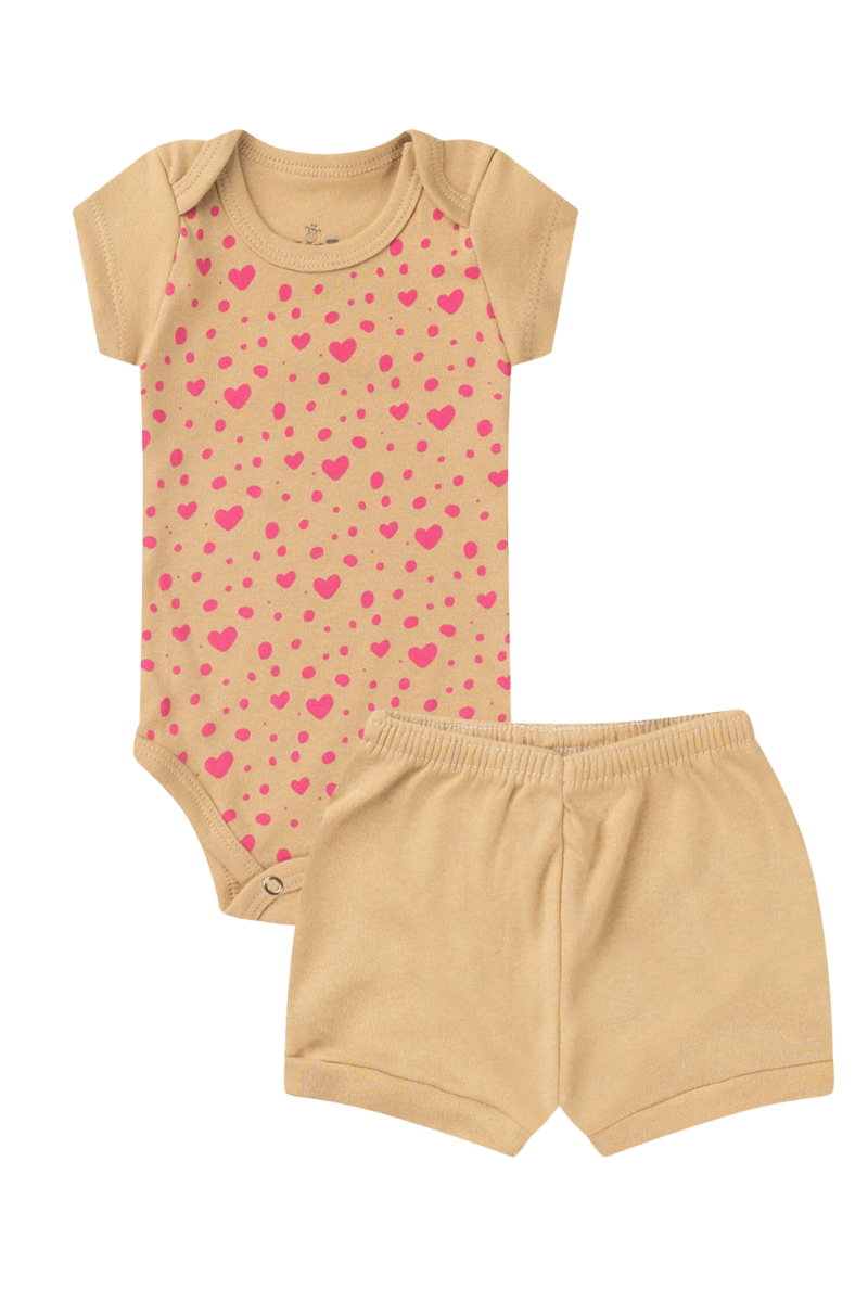 Conjunto Body Bebê Verão Menina 2 Peças Coracoes Bege - TonTon Kids