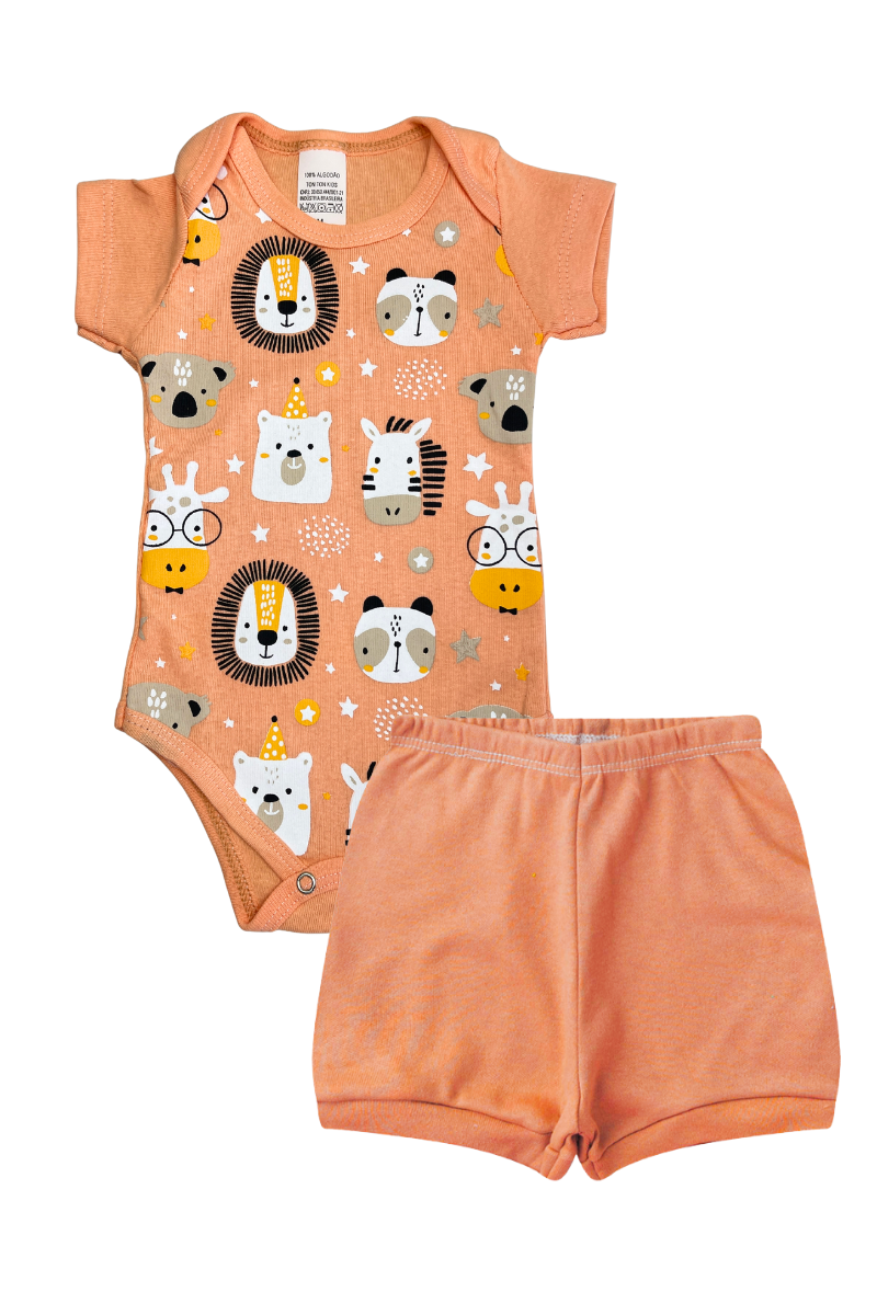 Conjunto Body Bebê Verão Menino 2 Peças Animais Salmao - TonTon Kids