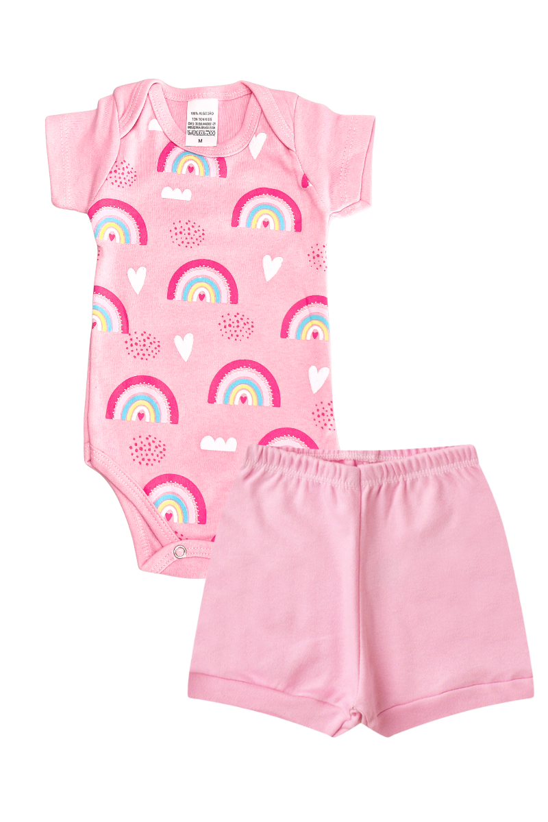 Conjunto Body Bebê Verão Menina 2 Peças Arco Íris Rosa - TonTon Kids Ton 2567 Ros
