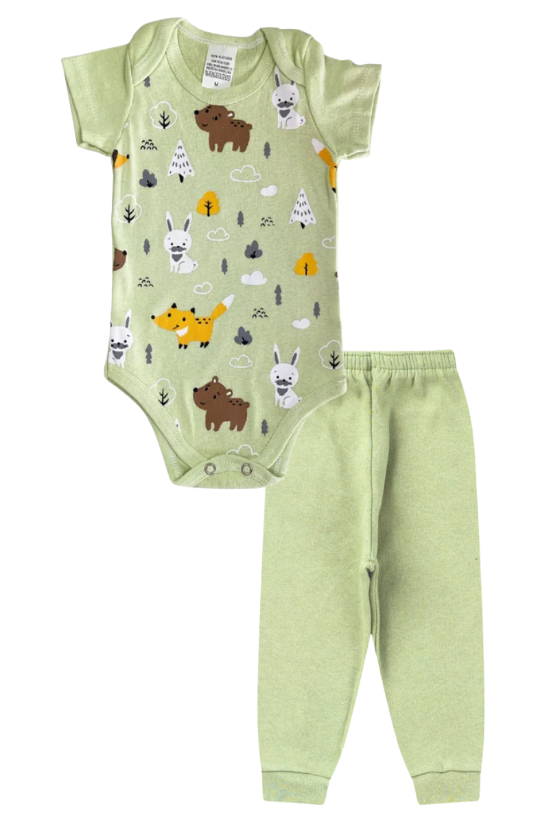 Conjunto Body Bebê Manga Curta Menino 2 Peças Bichinhos Verde Claro - TonTon Kids