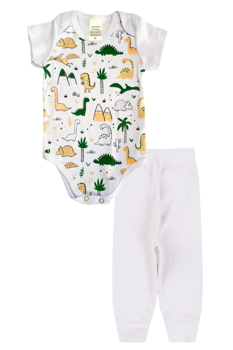 Conjunto Body Bebê Manga Curta Menino 2 Peças Dinos Branco - TonTon Kids