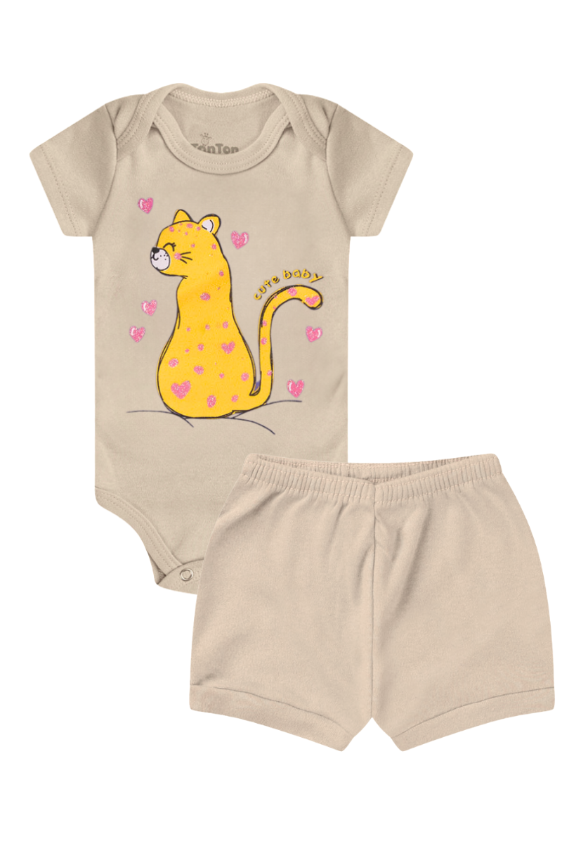 Conjunto Body Bebê Verão Menina 2 Peças Gatinha Bege - TonTon Kids