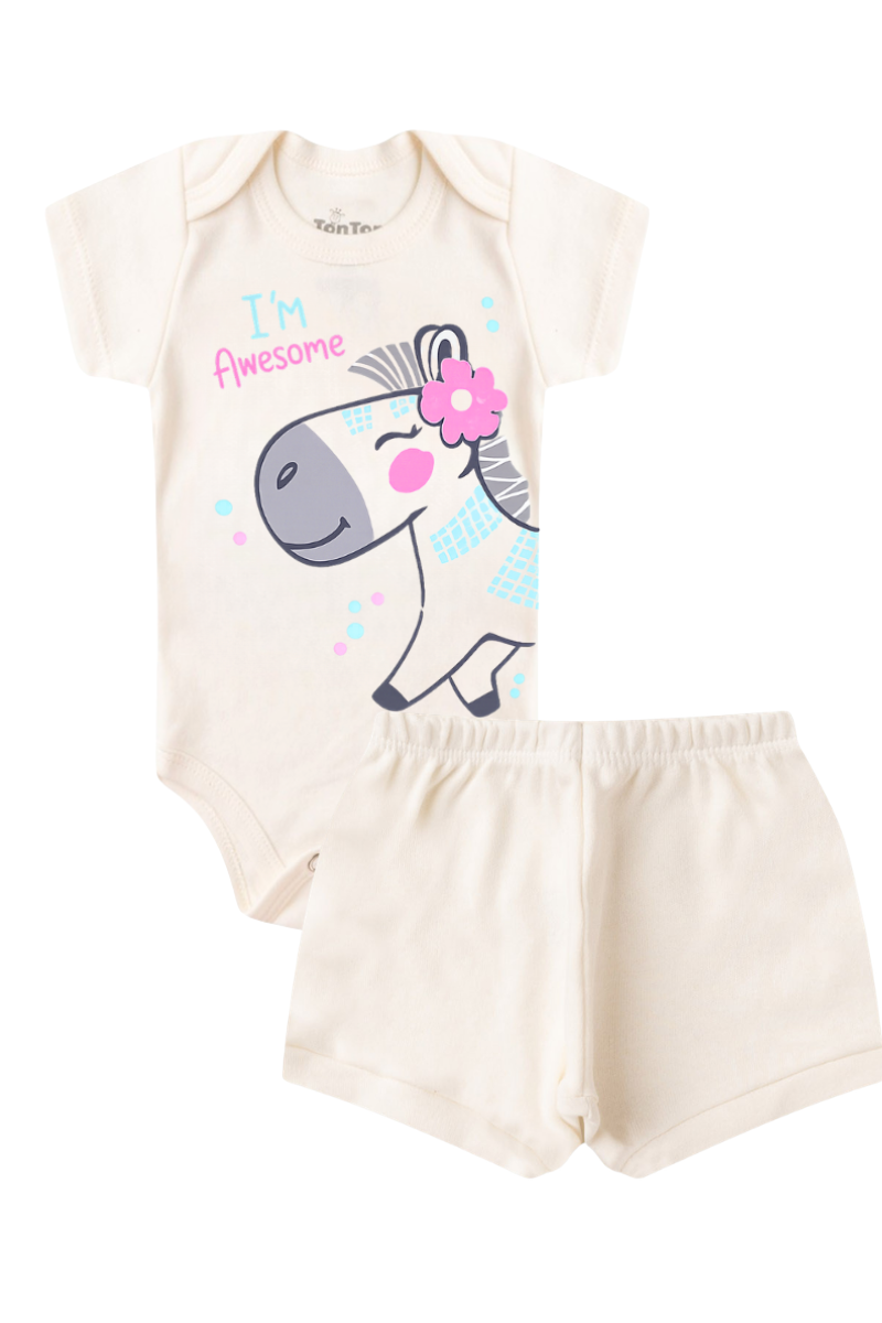 Conjunto Body Bebê Verão Menina 2 Peças Zebra Off White - TonTon Kids