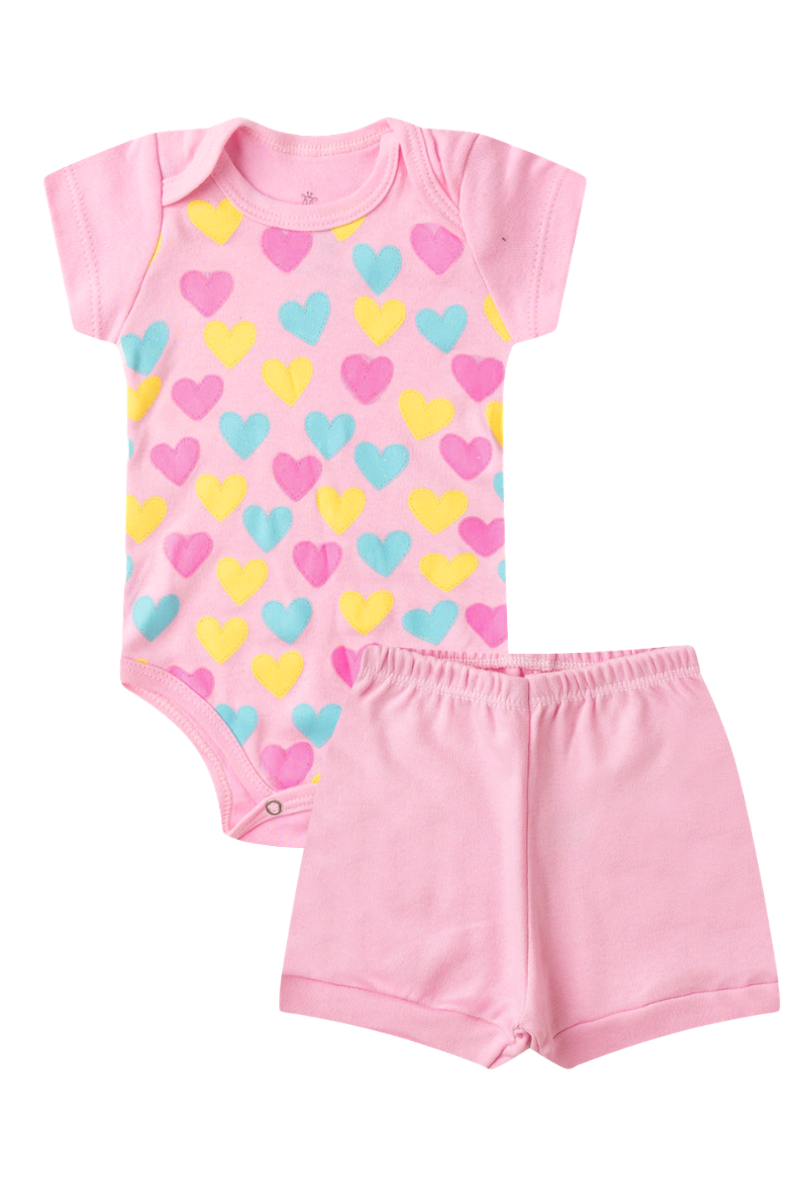 Conjunto Body Bebê Verão Menina 2 Peças Coracoes Rosa - TonTon Kids Ton 2572 Ros