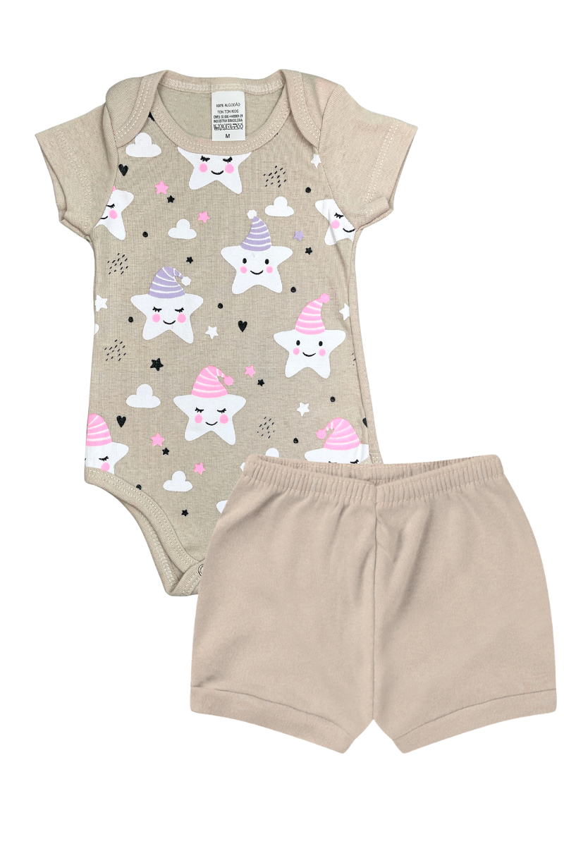 Conjunto Body Bebê Verão Menina 2 Peças Estrelas Bege - TonTon Kids