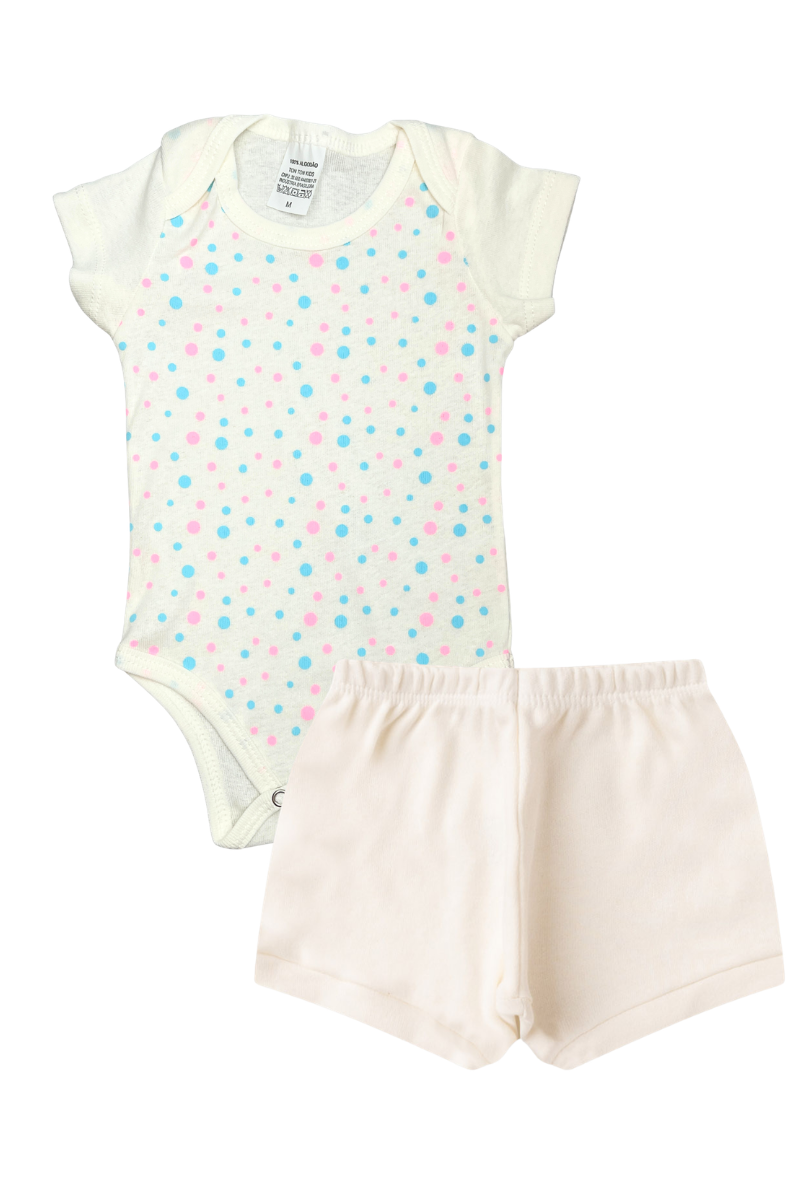 Conjunto Body Bebê Verão Menina 2 Peças Poa Off White - TonTon Kids