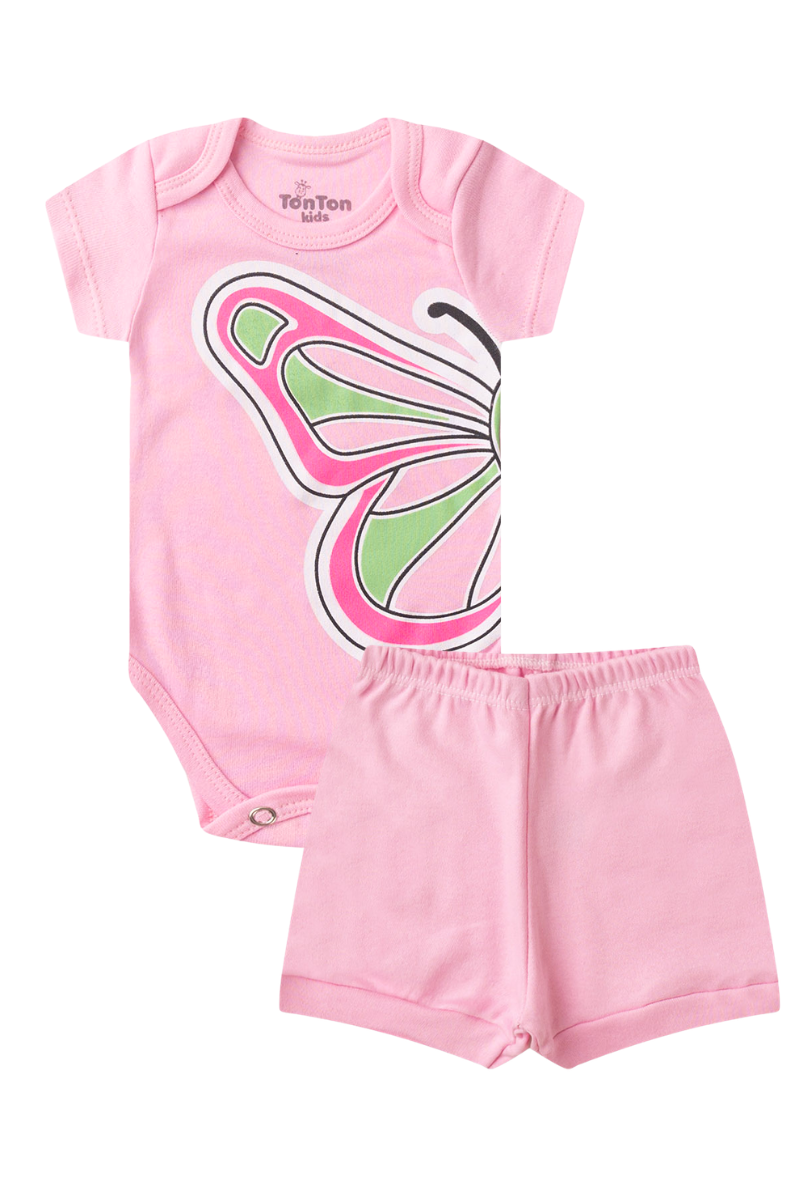 Conjunto Body Bebê Verão Menina 2 Peças Borboleta Rosa - TonTon Kids Ton 2573 Ros
