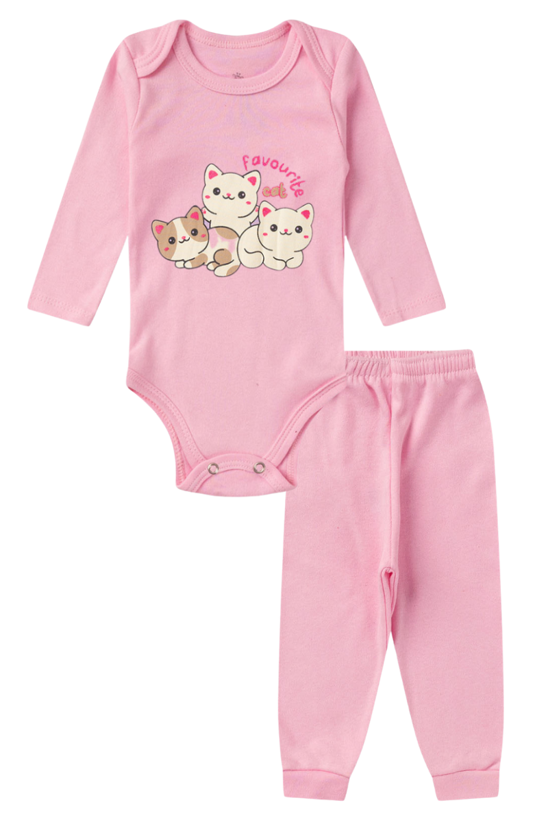 Conjunto Body Bebê Inverno Menina 2 Peças Gatinhas Rosa - TonTon Kids