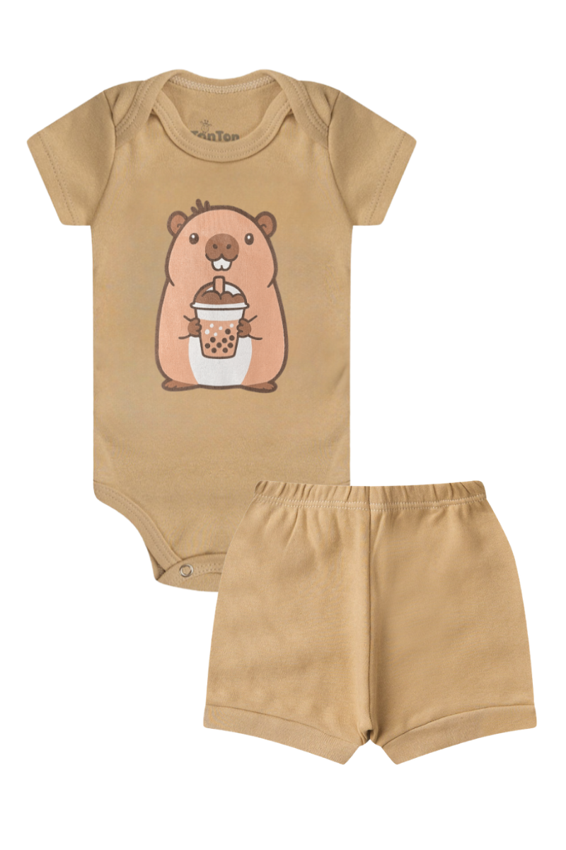 Conjunto Body Bebê Verão Menino 2 Peças Capivara Bege - TonTon Kids