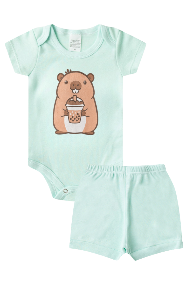 Conjunto Body Bebê Verão Menino 2 Peças Capivara Verde Agua - TonTon Kids