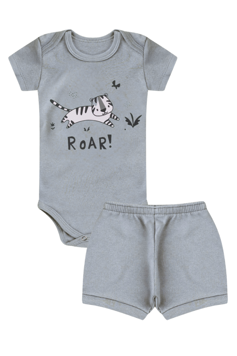 Conjunto Body Bebê Verão Menino 2 Peças Tigre Roar Cinza - TonTon Kids