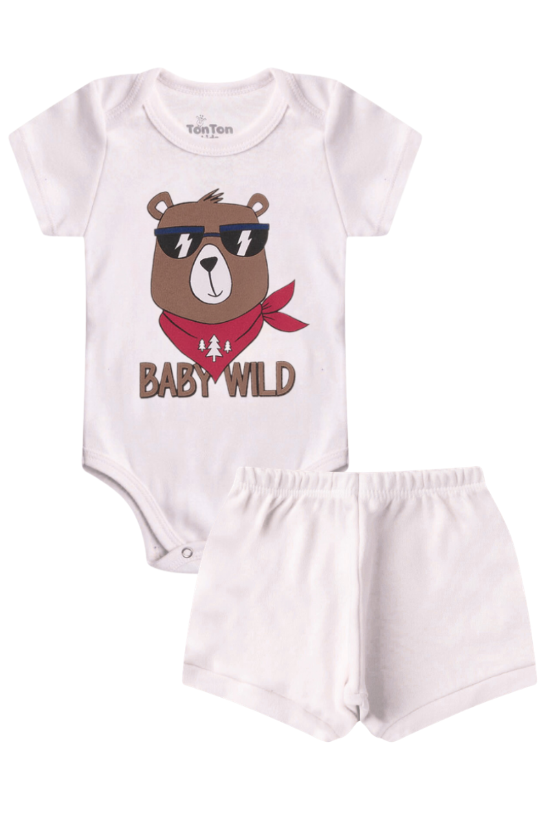 Conjunto Body Bebê Verão Menino 2 Peças Baby Wild Branco - TonTon Kids Ton 2584 Bra