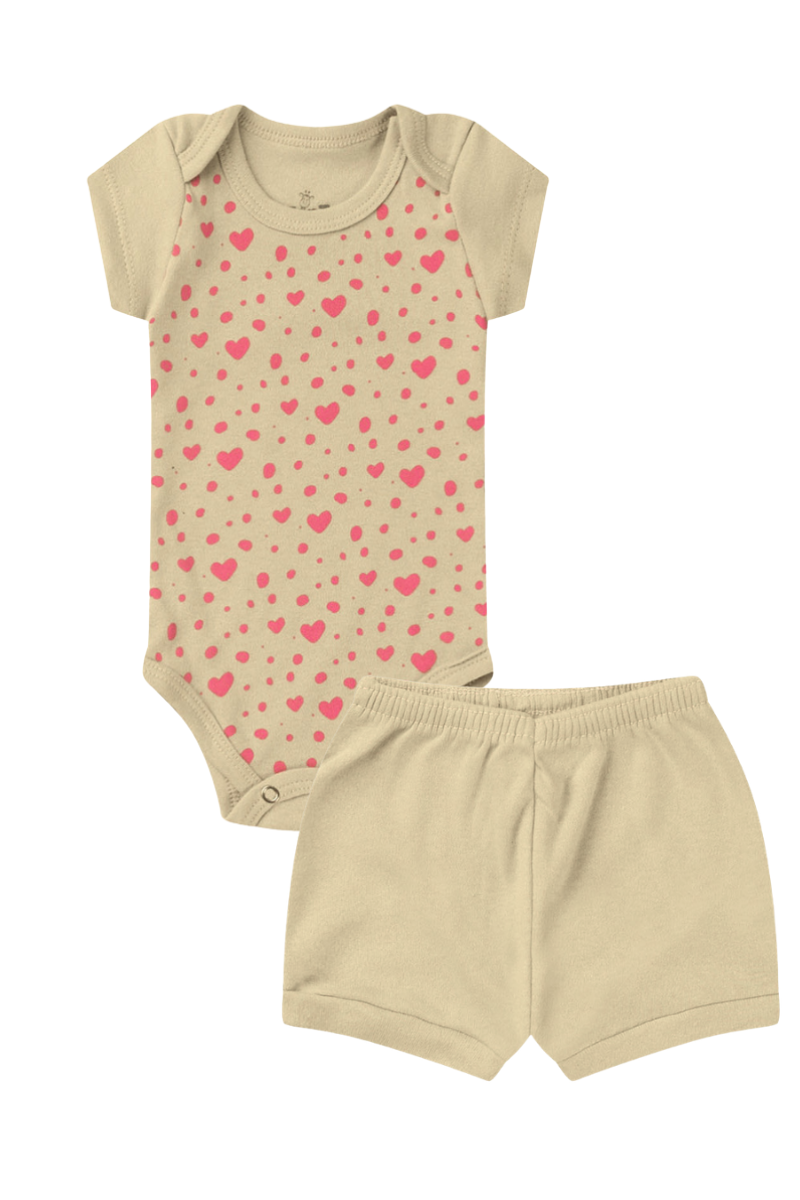 Conjunto Body Bebê Verão Menina 2 Peças Coracoes Bege - TonTon Kids Ton 2603 Beg