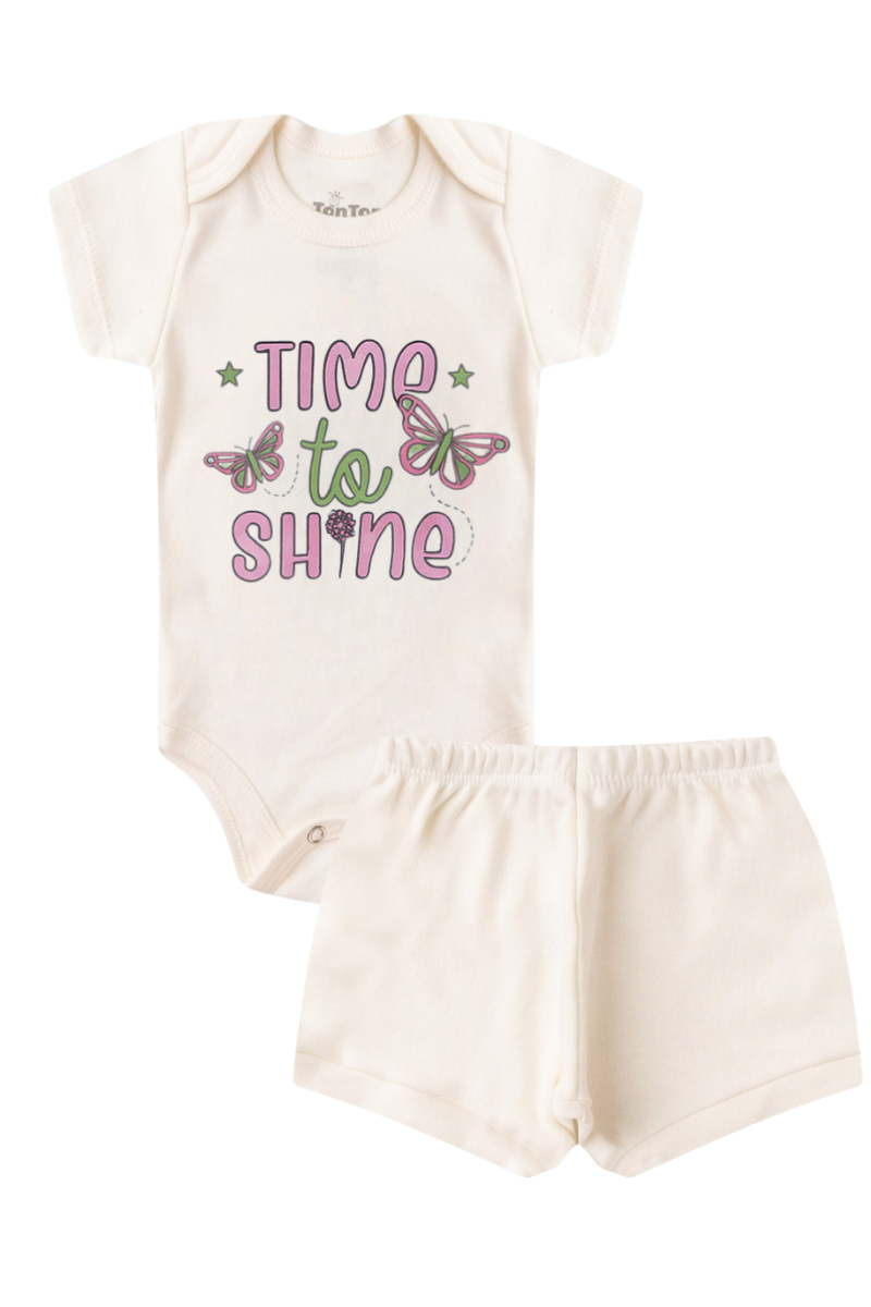 Conjunto Body Bebê Verão Menina 2 Peças Time To Off White - TonTon Kids