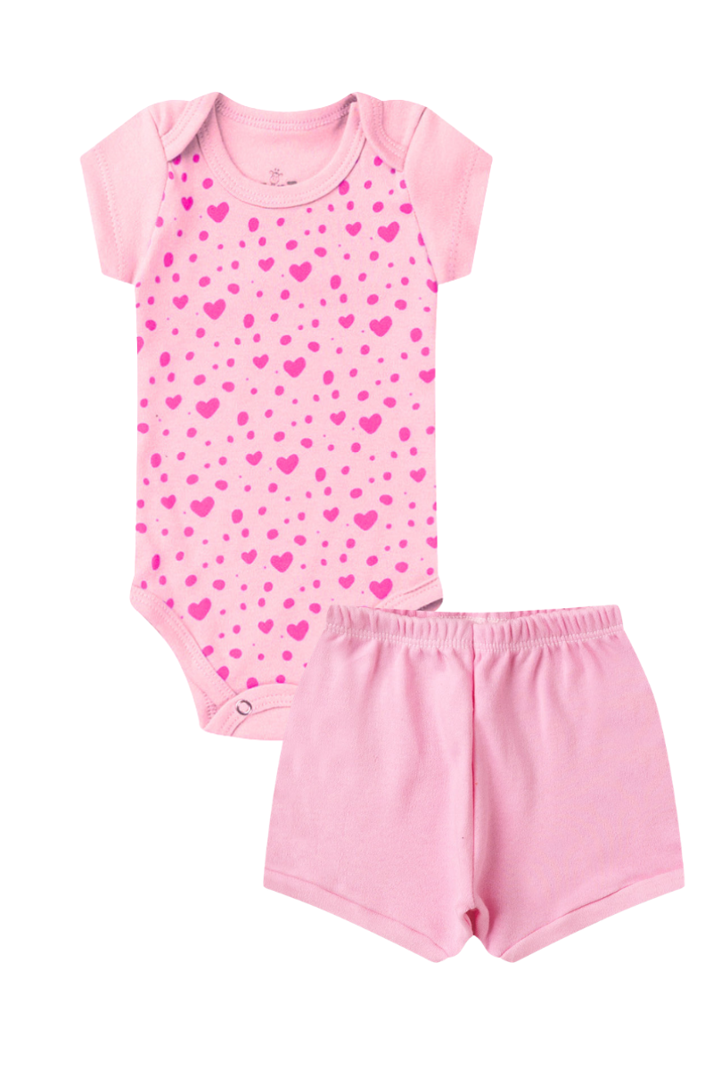Conjunto Body Bebê Verão Menina 2 Peças Coracoes Rosa - TonTon Kids Ton 2608 Ros