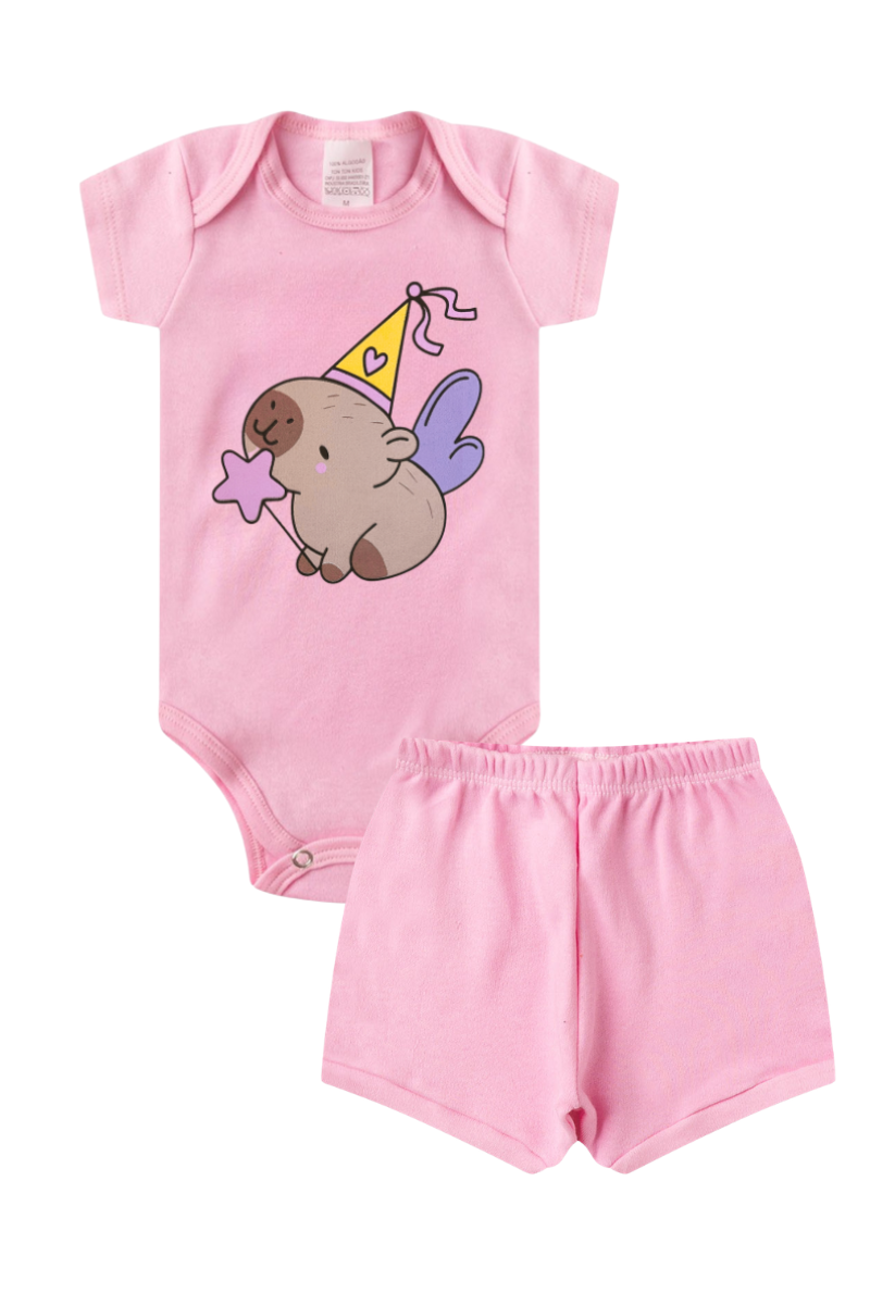 Conjunto Body Bebê Verão Menina 2 Peças Capivara Rosa - TonTon Kids