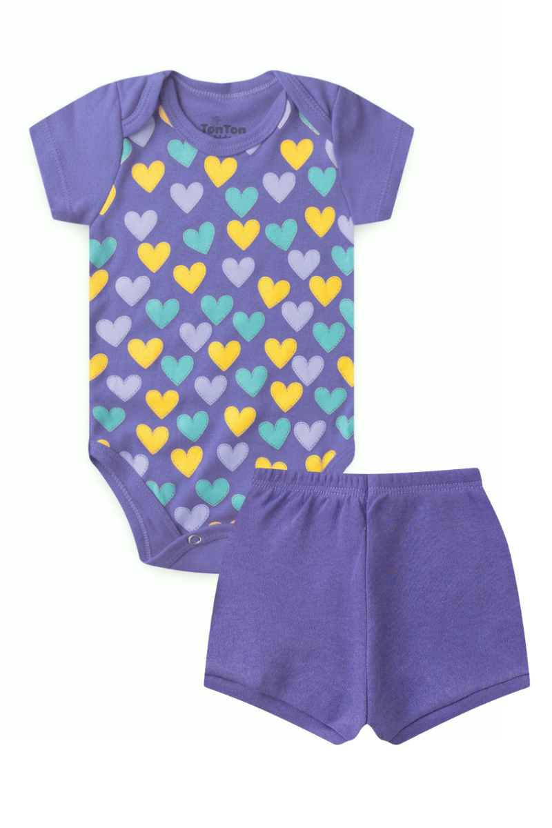 Conjunto Body Bebê Verão Menina 2 Peças Coracoes Roxo - TonTon Kids