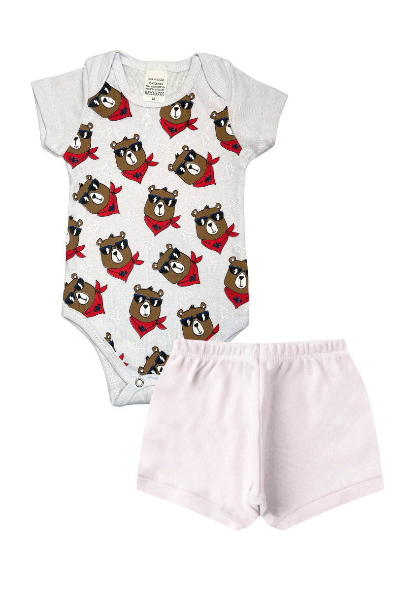Conjunto Body Bebê Verão Menino 2 Peças Ursos Branco - TonTon Kids
