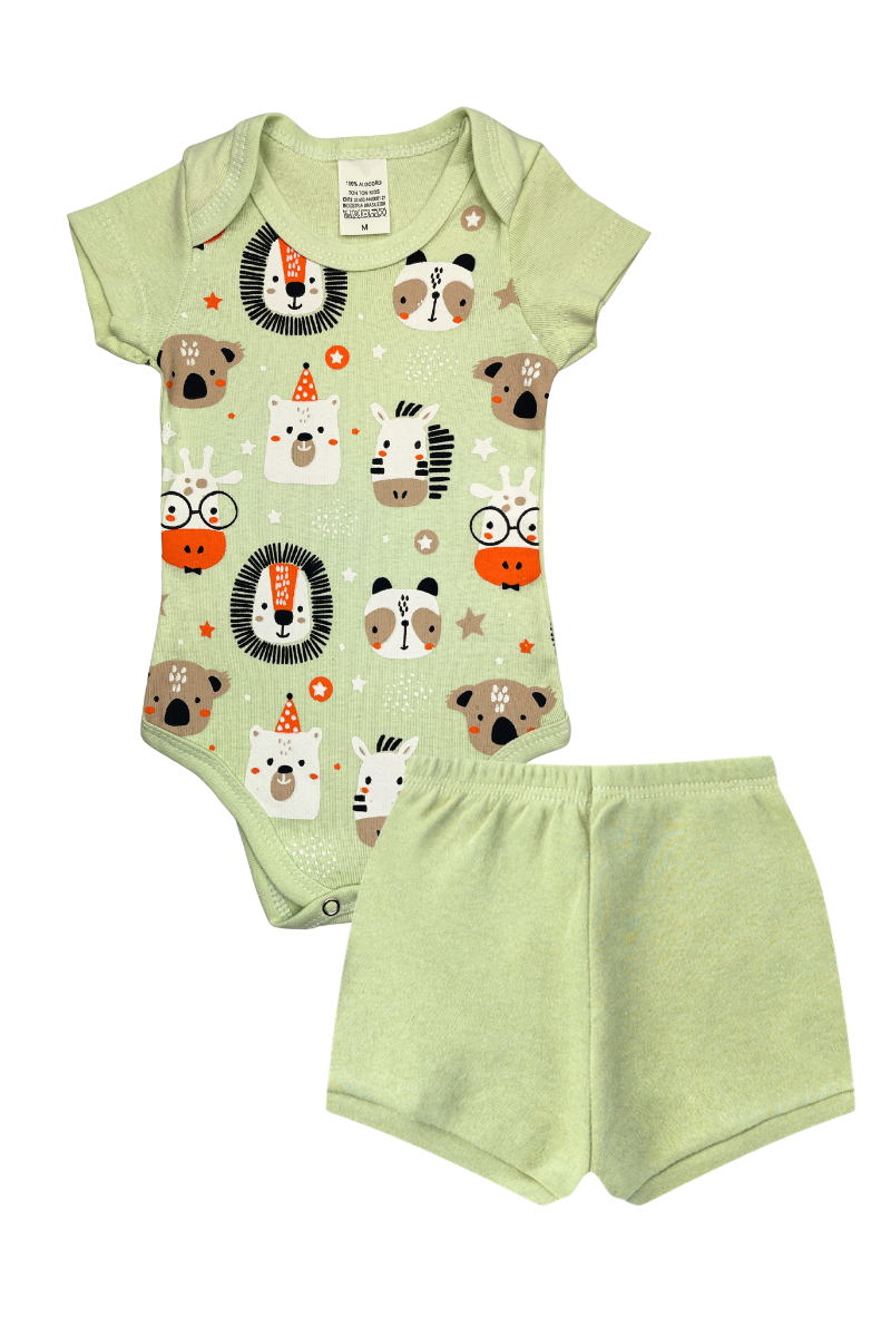 Conjunto Body Bebê Verão Menino 2 Peças Animais Verde Claro - TonTon Kids