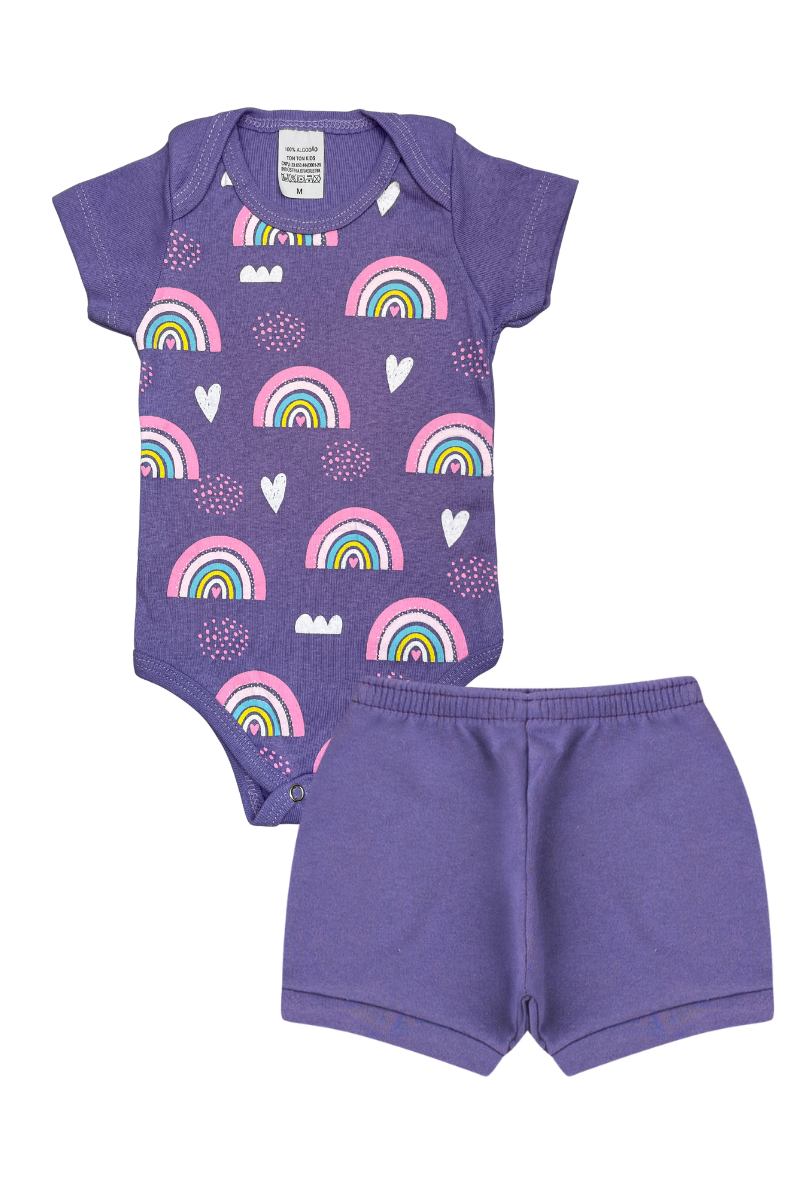 Conjunto Body Bebê Verão Menina 2 Peças Arco Íris Roxo - TonTon Kids Ton 2599 Rox