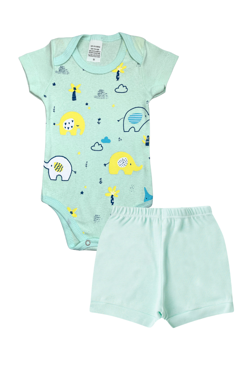Conjunto Body Bebê Verão Menino 2 Peças Elefantes Verde Claro - TonTon Kids