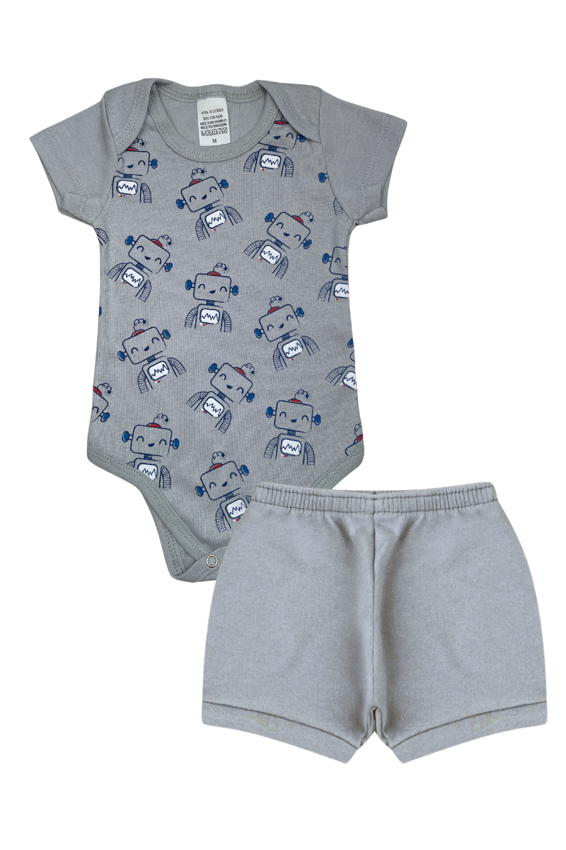 Conjunto Body Bebê Verão Menino 2 Peças Robos Cinza - TonTon Kids