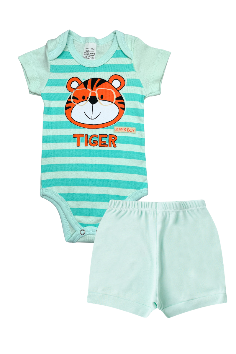 Conjunto Body Bebê Verão Menino 2 Peças Tiger Verde Agua - TonTon Kids