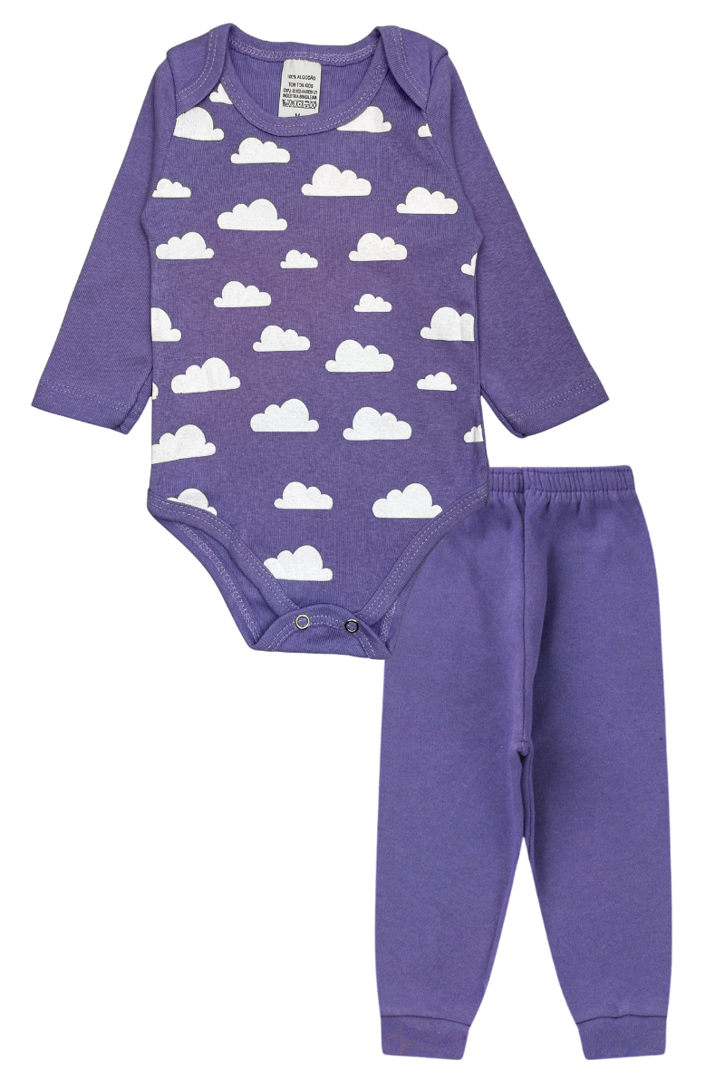 Conjunto Body Bebê Inverno Menina 2 Peças Nuvens Roxo - TonTon Kids