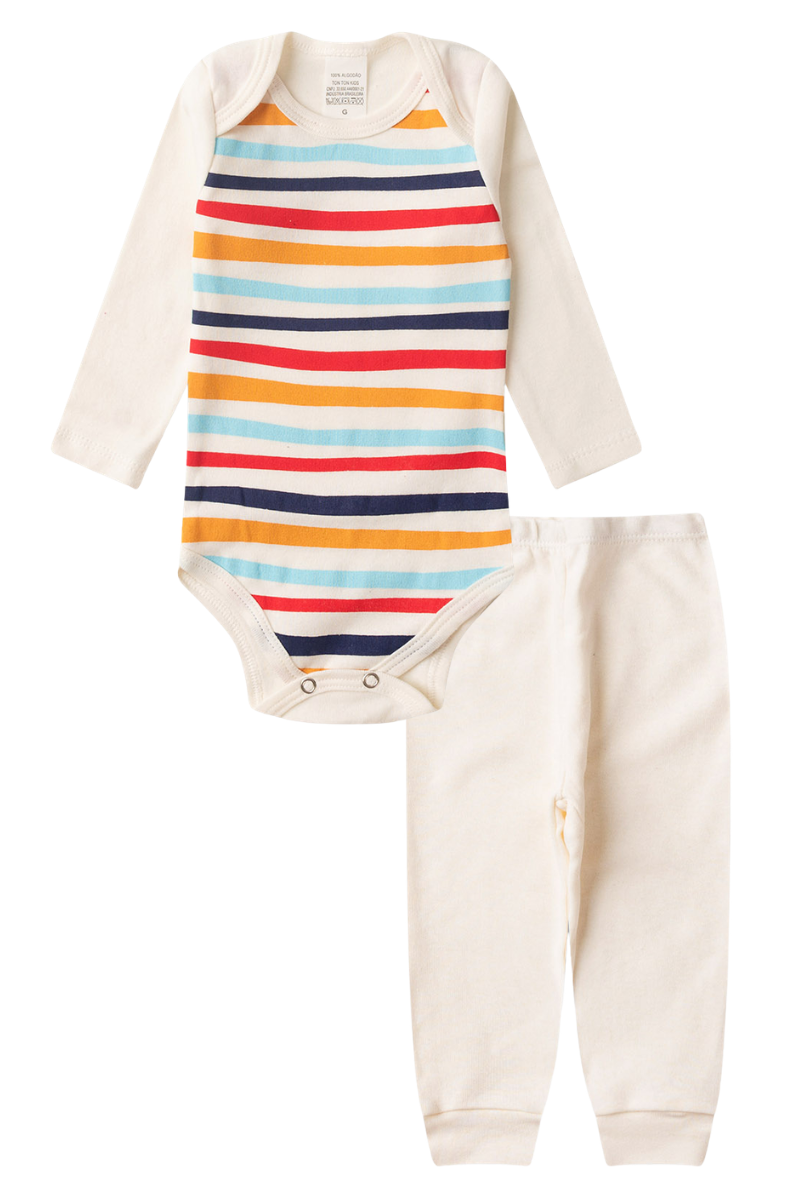 Conjunto Body Bebê Inverno Menino 2 Peças Listras Off White - TonTon Kids