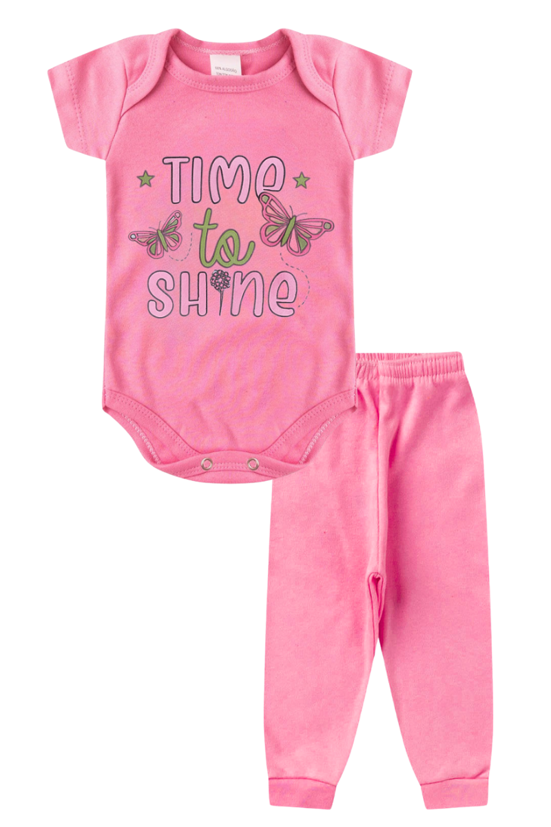 Conjunto Body Bebê Manga Curta Menina 2 Peças Time To Rosa - TonTon Kids