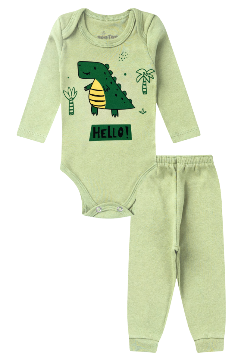Conjunto Body Bebê Inverno Menino 2 Peças Dino Hello Verde Claro - TonTon Kids