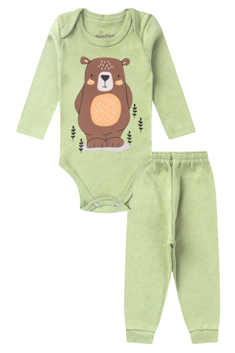 Conjunto Body Bebê Inverno Menino 2 Peças Urso Verde Claro - TonTon Kids