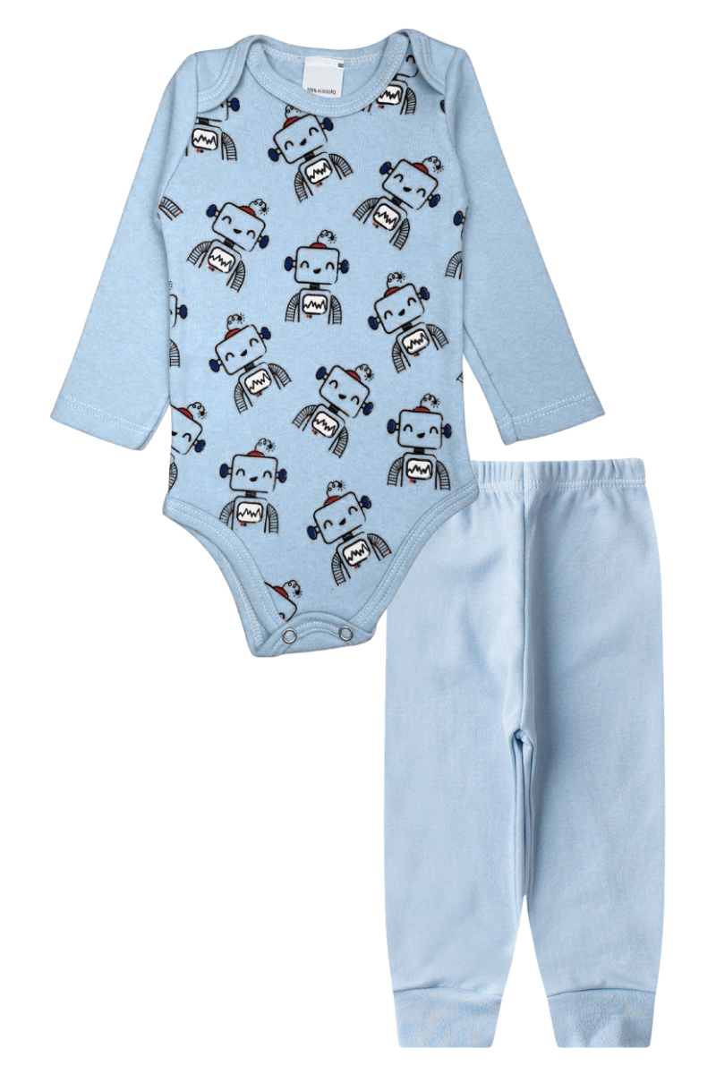 Conjunto Body Bebê Inverno Menino 2 Peças Robos Azul - TonTon Kids