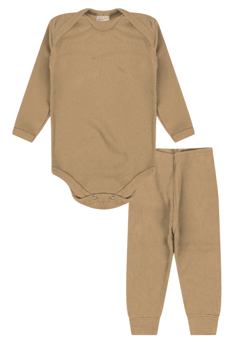 Conjunto Body Bebê Inverno Menino 2 Peças Canelado Bege - TonTon Kids
